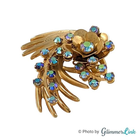 Vintage Kramer Floral Spiral Aurora Borealis Rhinestones Gold Tone Brooch - Picture 3 of 8